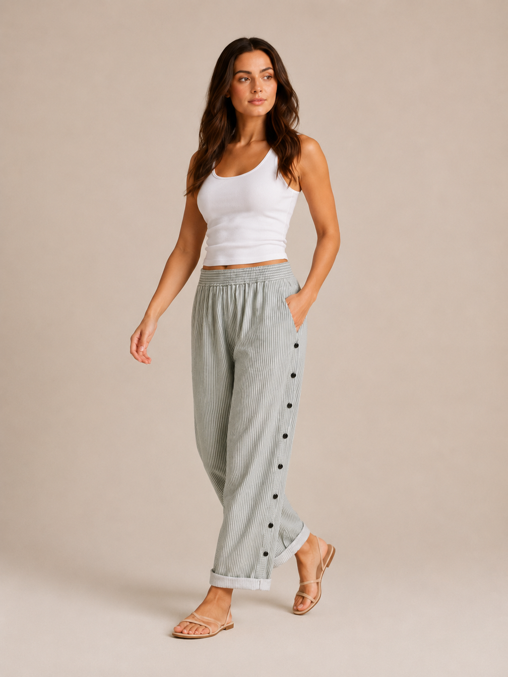 Tirena - Pantalon rayé pour femmes avec taille élastique et boutons sur les côtés