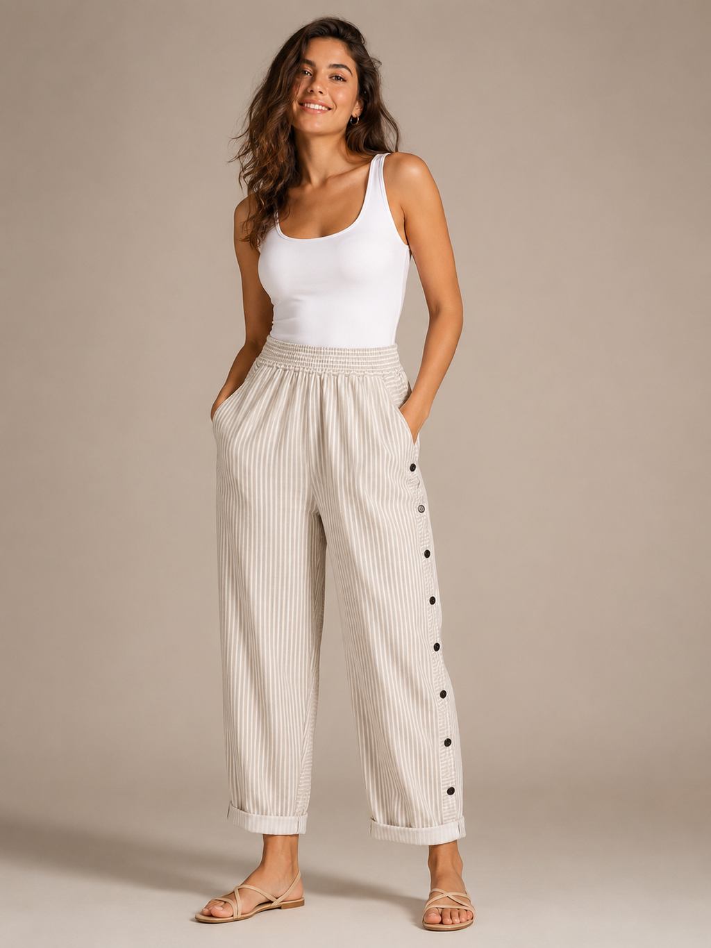 Tirena - Pantalon rayé pour femmes avec taille élastique et boutons sur les côtés