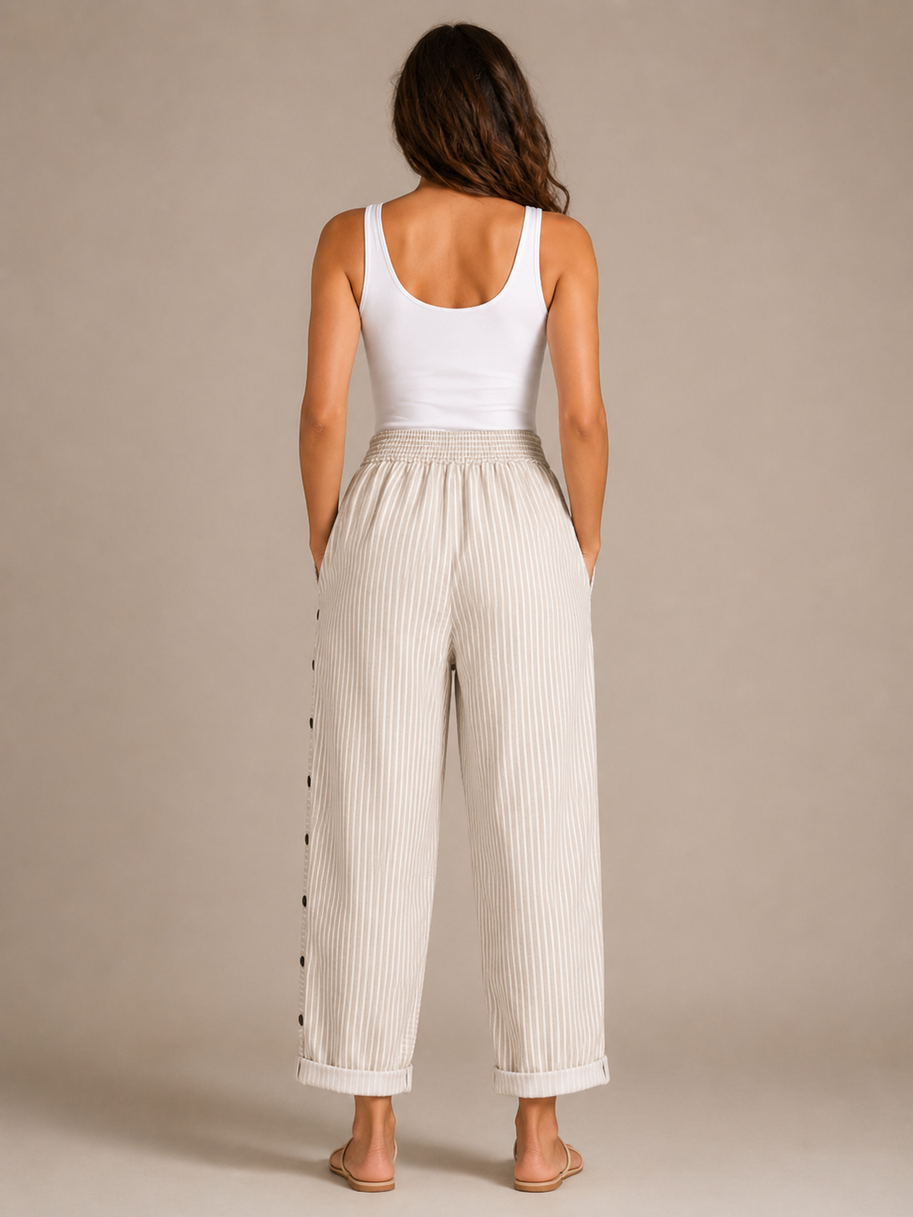 Tirena - Pantalon rayé pour femmes avec taille élastique et boutons sur les côtés