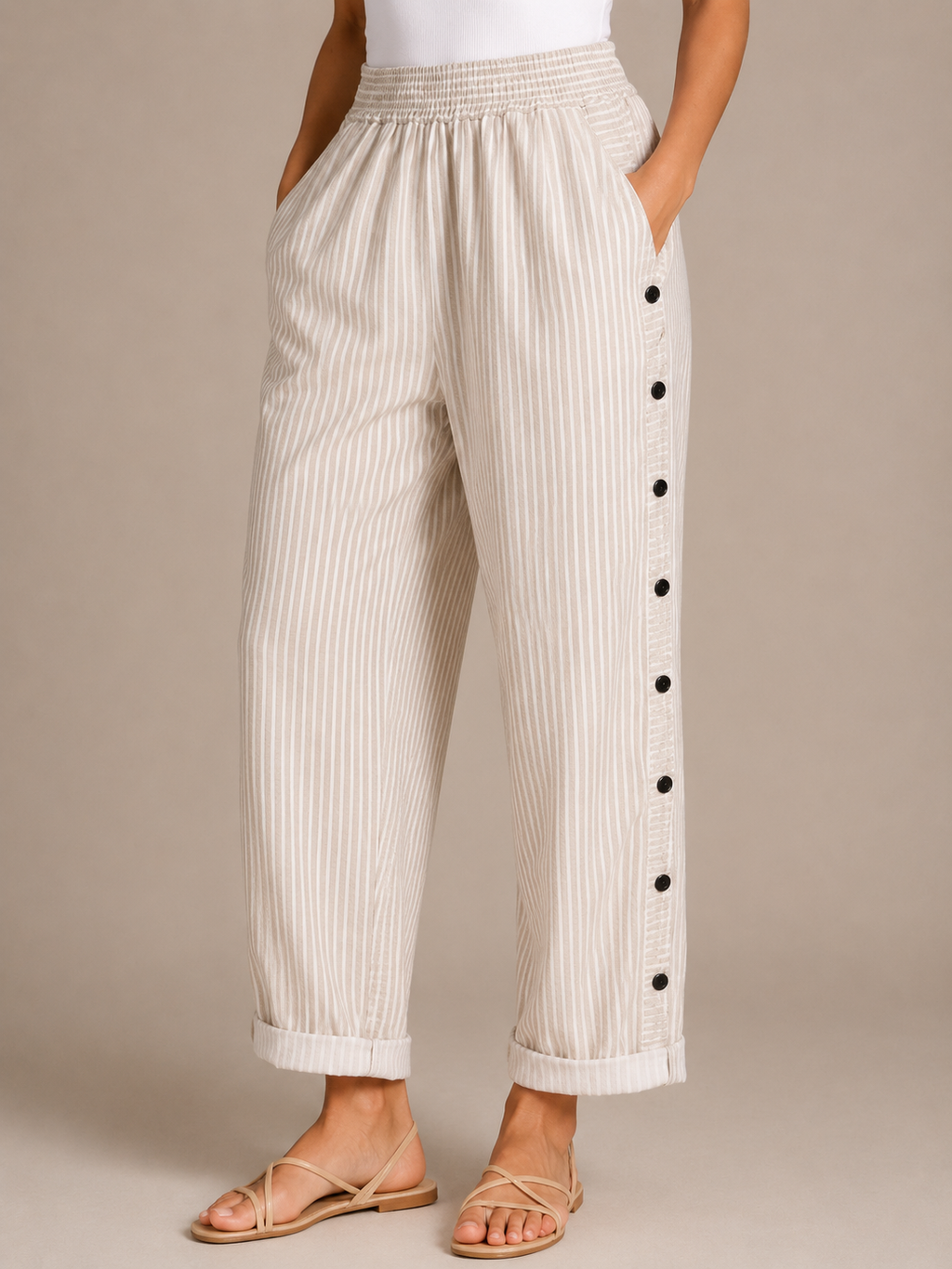 Tirena - Pantalon rayé pour femmes avec taille élastique et boutons sur les côtés
