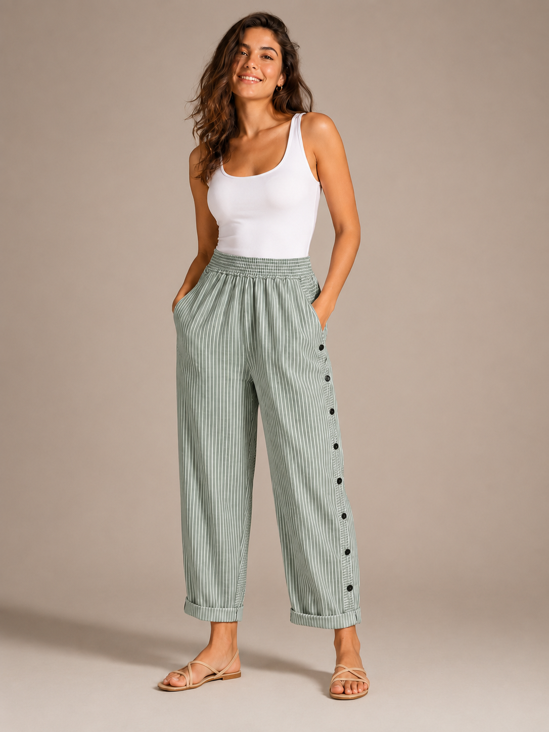 Tirena - Pantalon rayé pour femmes avec taille élastique et boutons sur les côtés