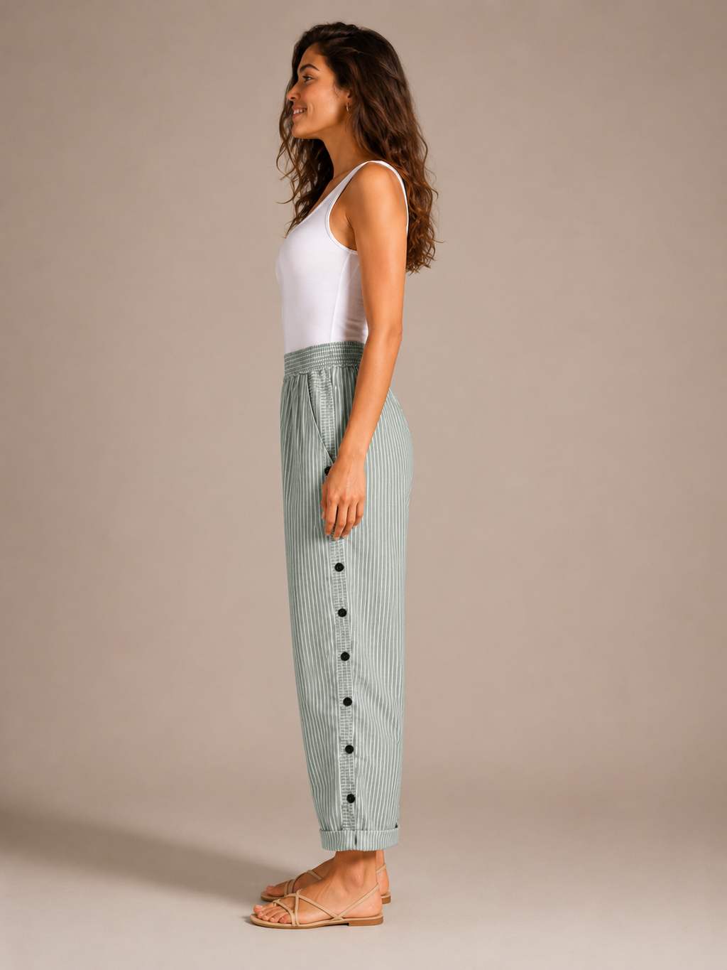 Tirena - Pantalon rayé pour femmes avec taille élastique et boutons sur les côtés