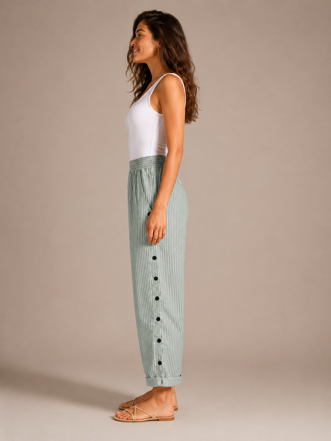 Tirena - Pantalon rayé pour femmes avec taille élastique et boutons sur les côtés