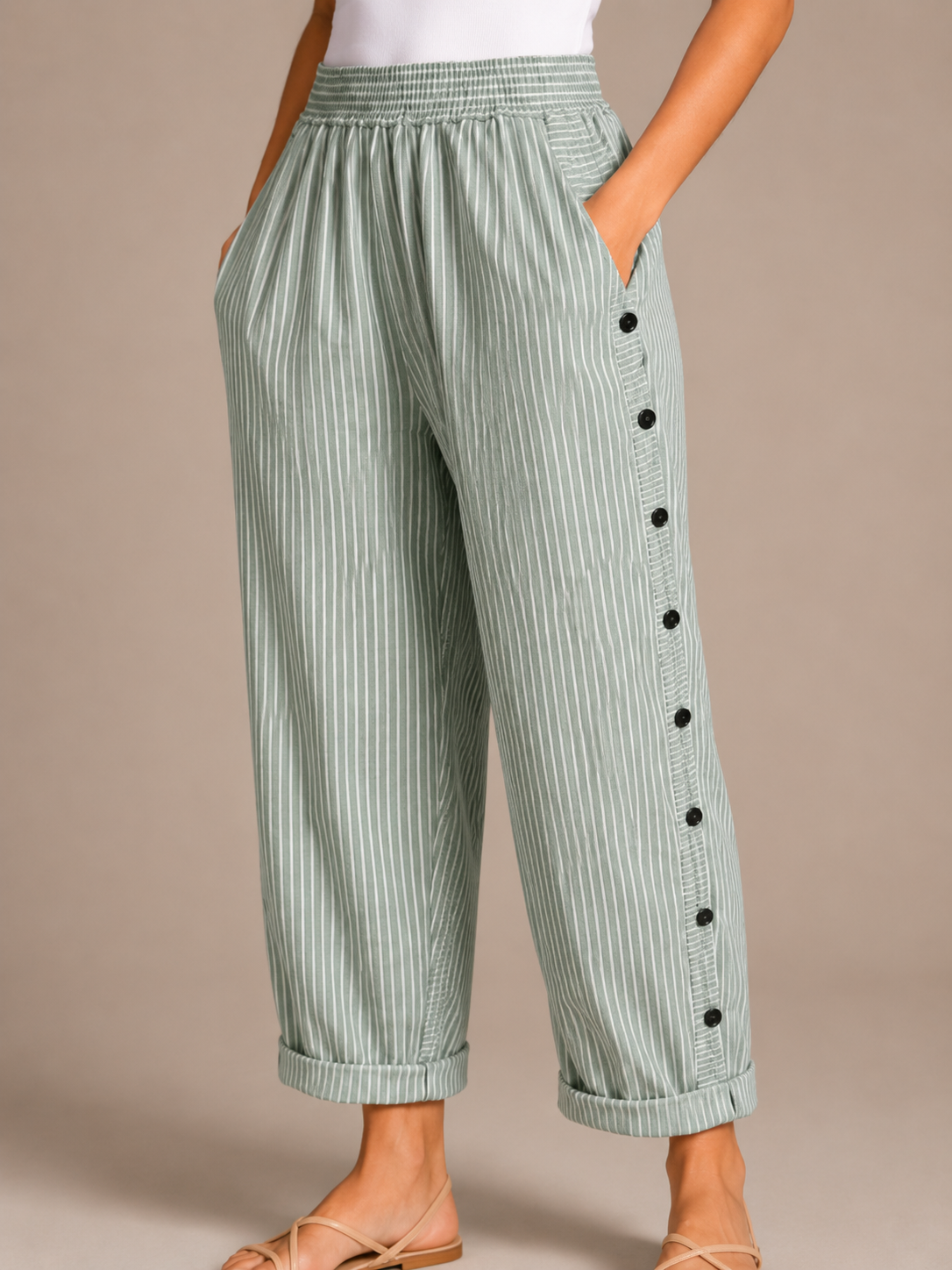 Tirena - Pantalon rayé pour femmes avec taille élastique et boutons sur les côtés