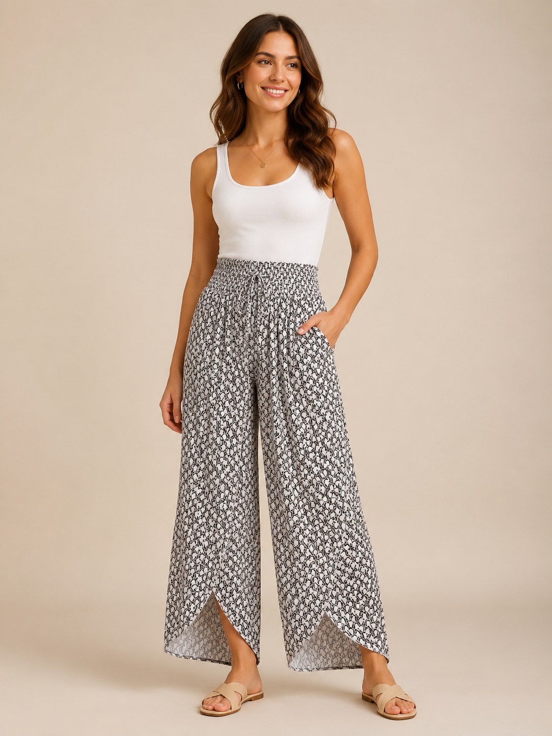 Tamesha - Pantalon palazzo pour femmes avec imprimé graphique et taille haute