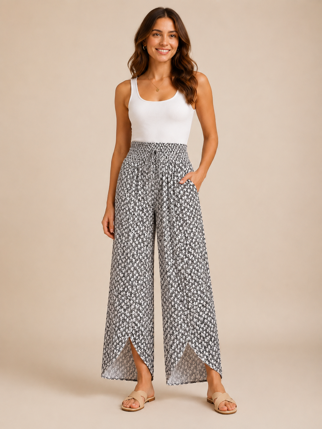 Tamesha - Pantalon palazzo pour femmes avec imprimé graphique et taille haute