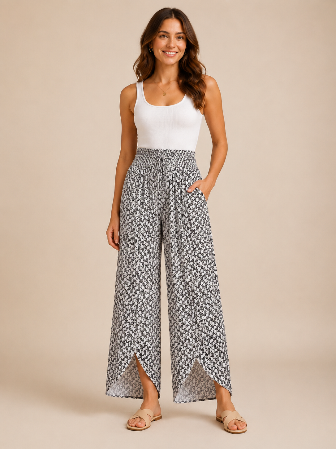 Tamesha - Pantalon palazzo pour femmes avec imprimé graphique et taille haute