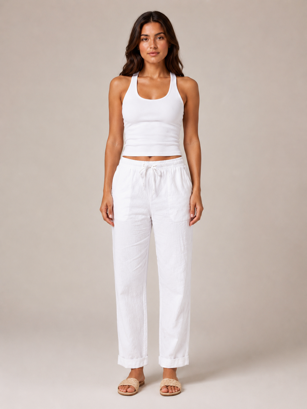Terenza - Pantalon en mélange coton-lin pour femmes avec taille élastique et poches