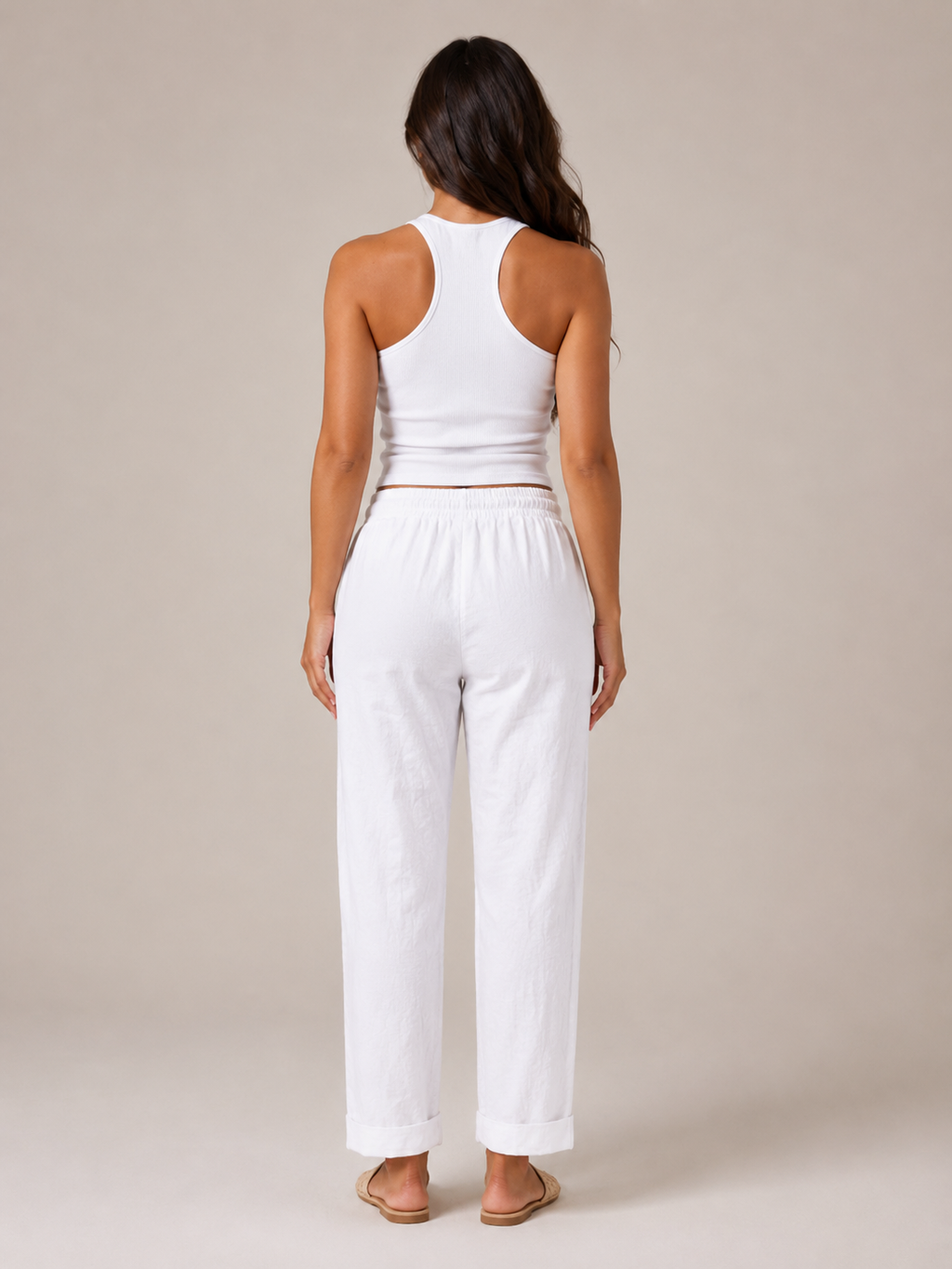 Terenza - Pantalon en mélange coton-lin pour femmes avec taille élastique et poches