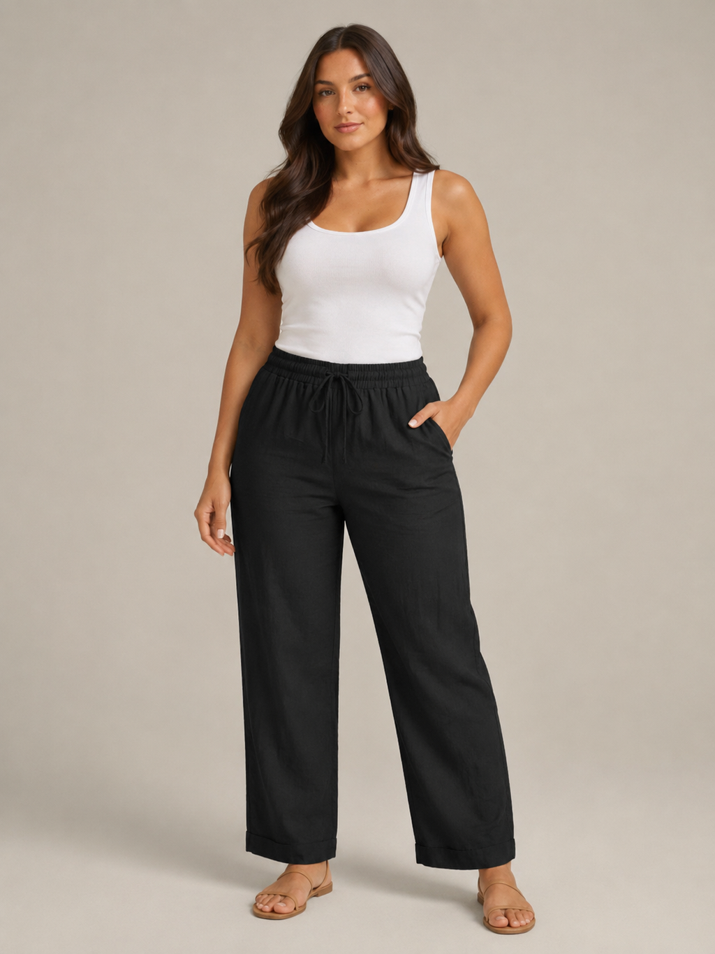 Terenza - Pantalon en mélange coton-lin pour femmes avec taille élastique et poches
