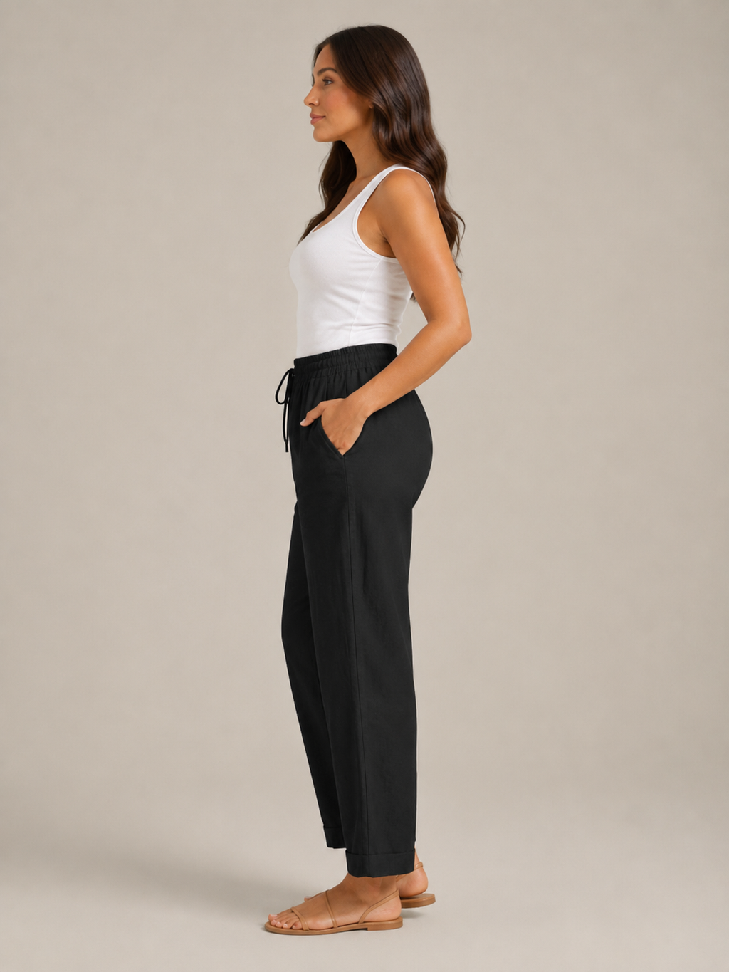 Terenza - Pantalon en mélange coton-lin pour femmes avec taille élastique et poches