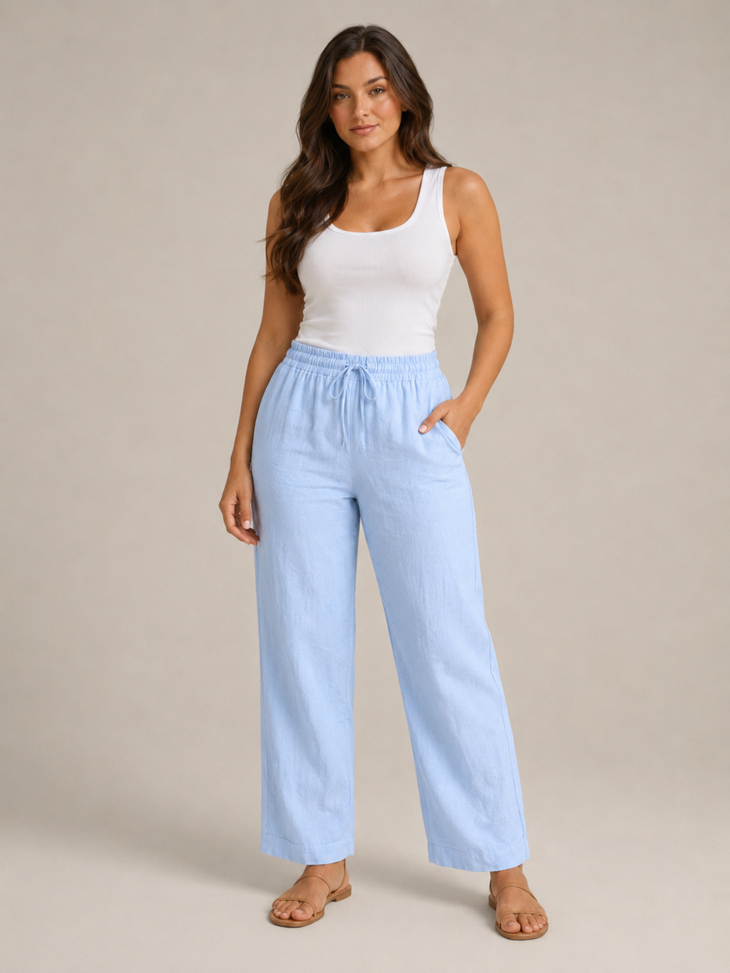Terenza - Pantalon en mélange coton-lin pour femmes avec taille élastique et poches