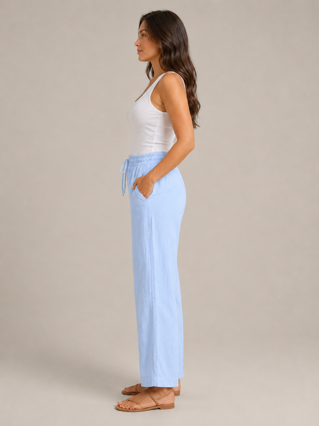 Terenza - Pantalon en mélange coton-lin pour femmes avec taille élastique et poches