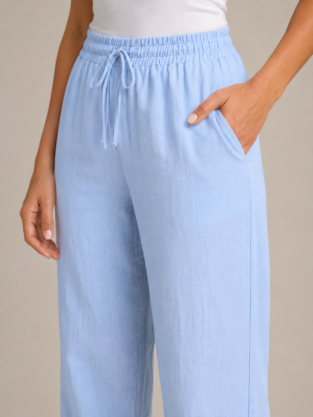 Terenza - Pantalon en mélange coton-lin pour femmes avec taille élastique et poches