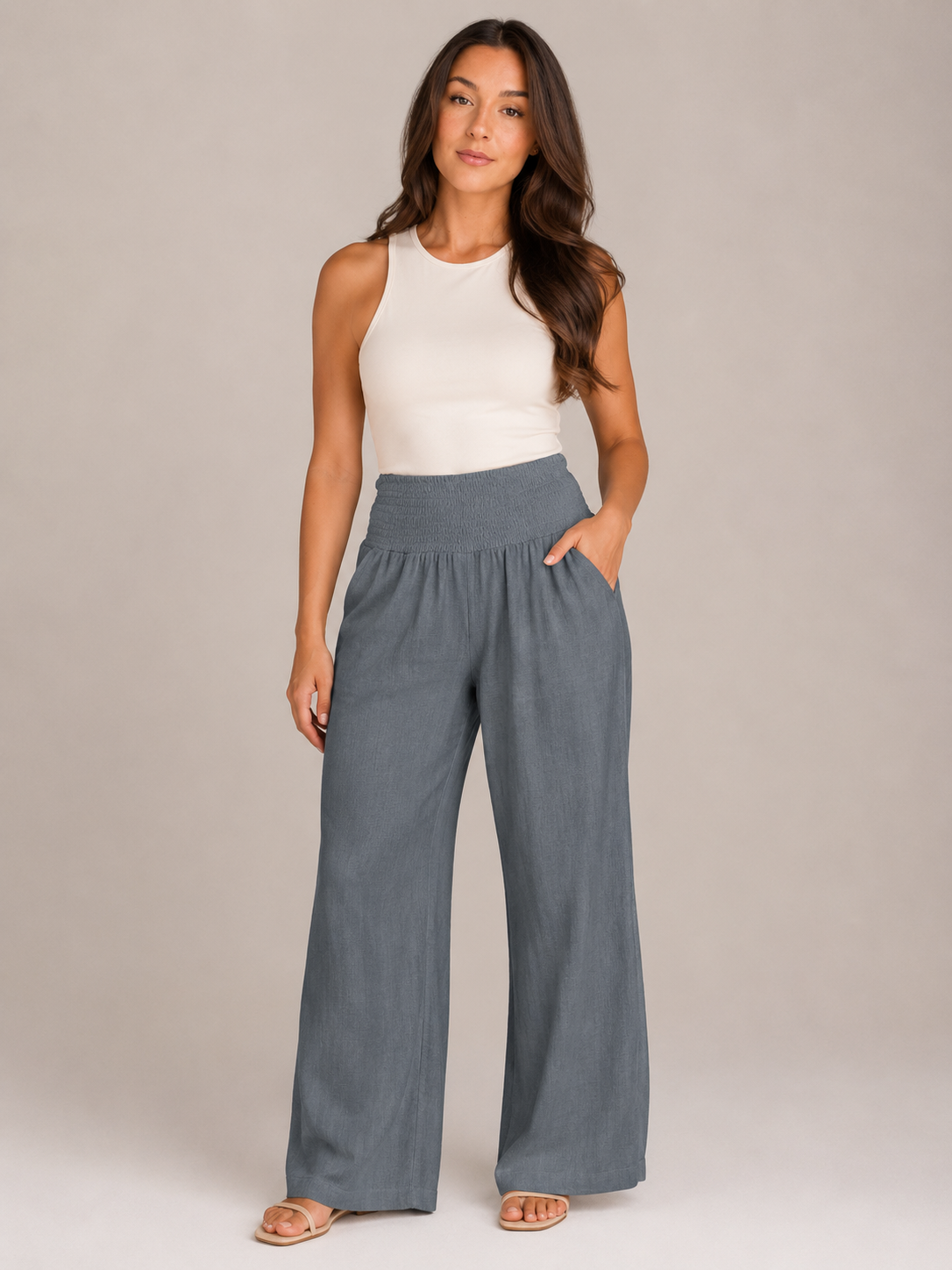 Priscille - Pantalon Femme Taille Haute à Jambes Amples