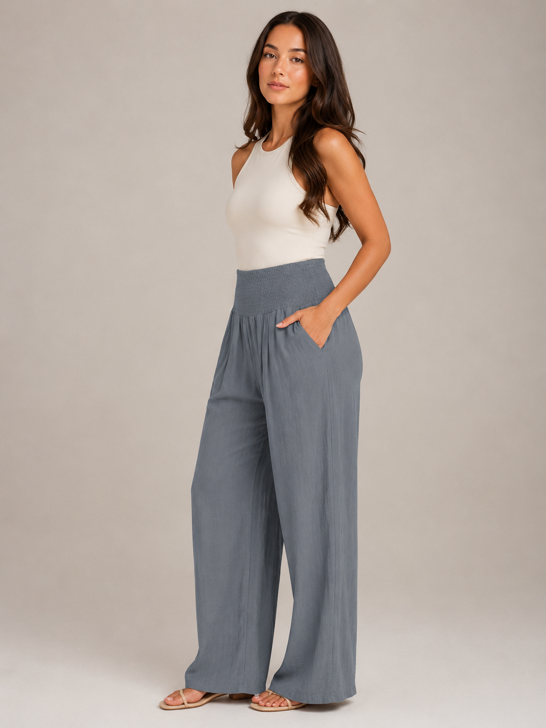 Priscille - Pantalon Femme Taille Haute à Jambes Amples