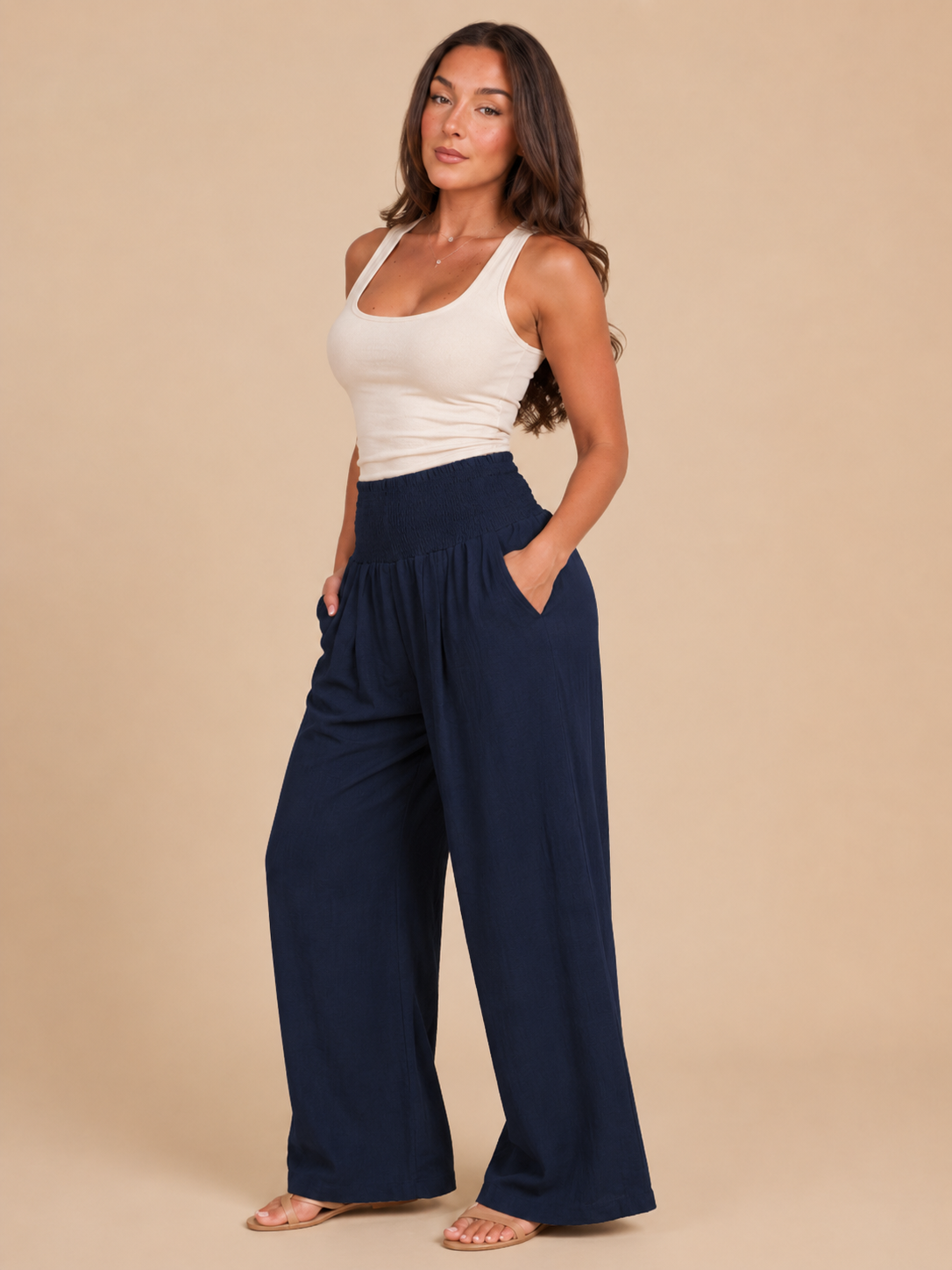 Priscille - Pantalon Femme Taille Haute à Jambes Amples