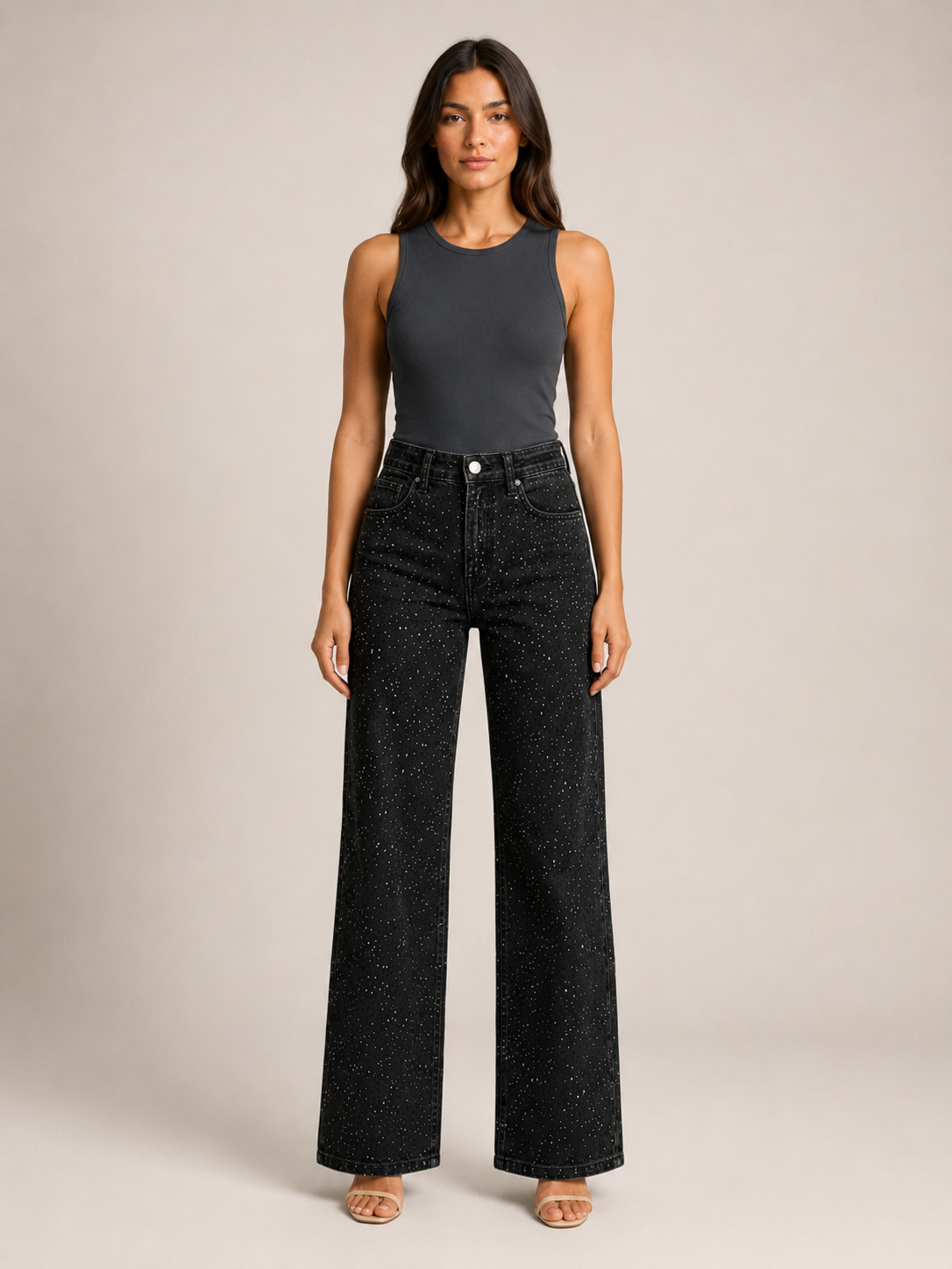 Pernia - Jeans taille haute pour dames avec jambes droites et détails scintillants