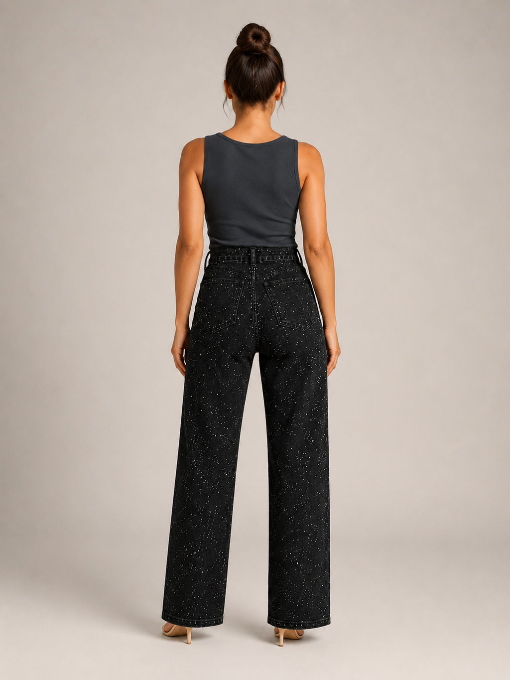 Pernia - Jeans taille haute pour dames avec jambes droites et détails scintillants