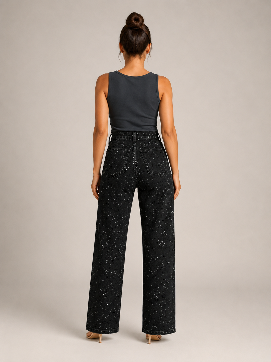 Pernia - Jeans taille haute pour dames avec jambes droites et détails scintillants