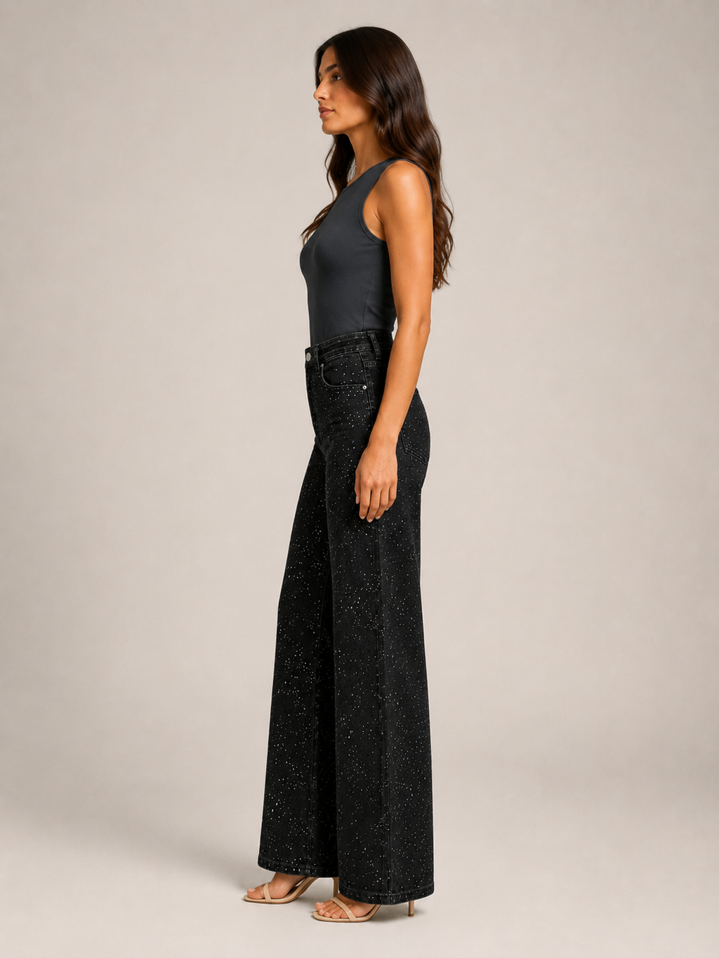 Pernia - Jeans taille haute pour dames avec jambes droites et détails scintillants