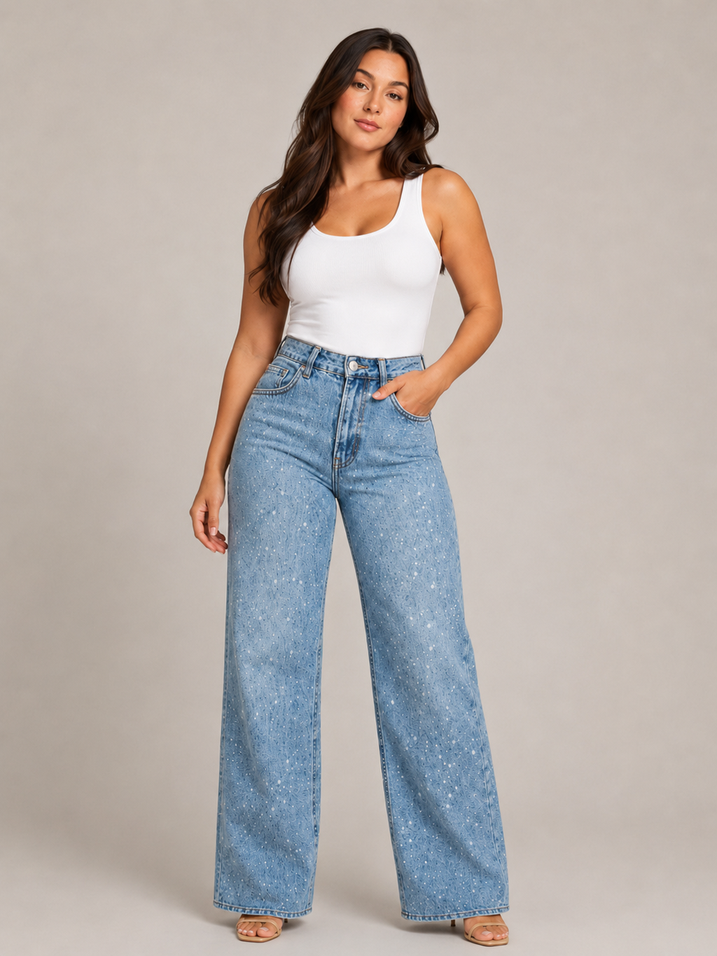 Pernia - Jeans taille haute pour dames avec jambes droites et détails scintillants
