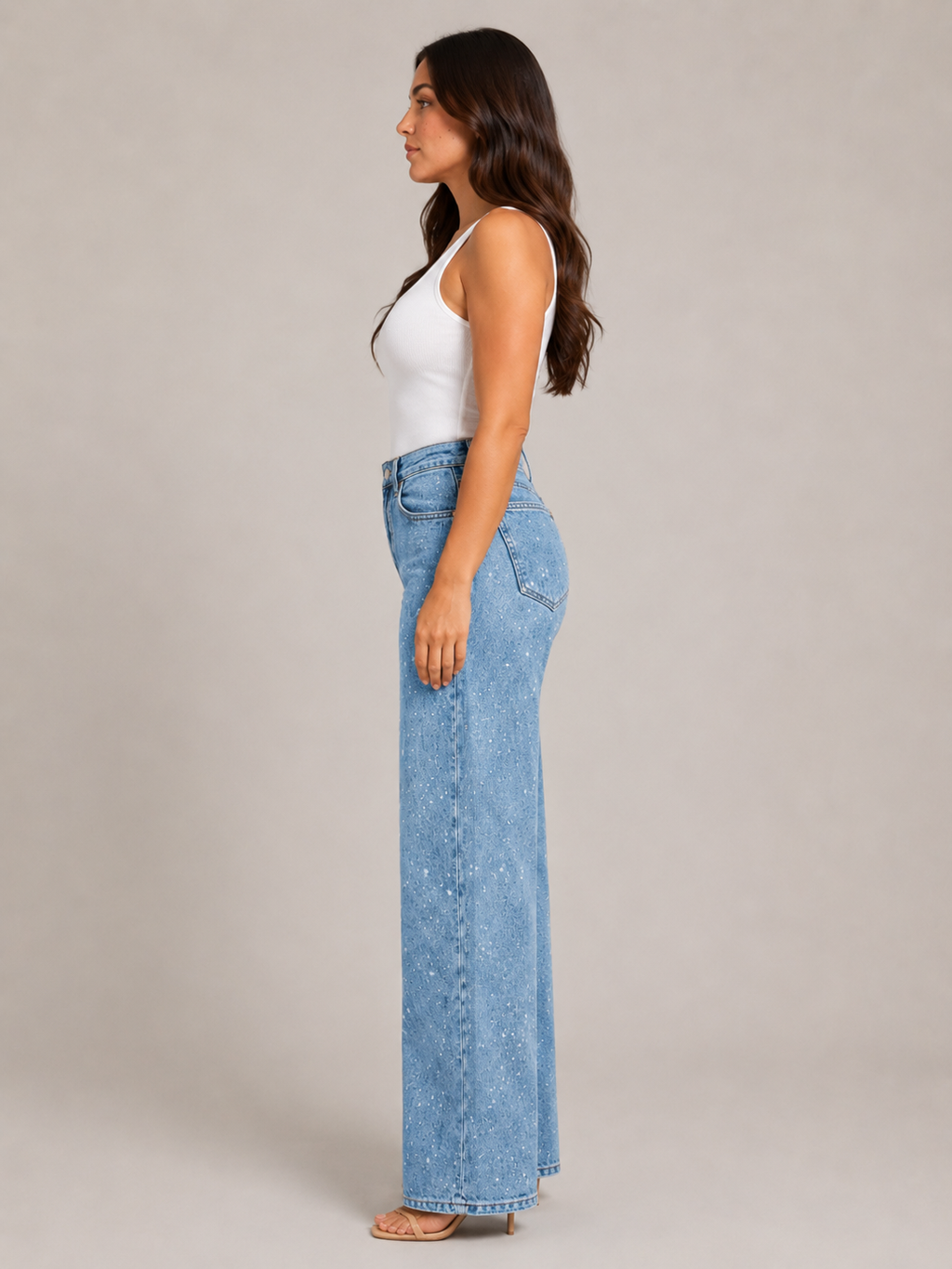 Pernia - Jeans taille haute pour dames avec jambes droites et détails scintillants