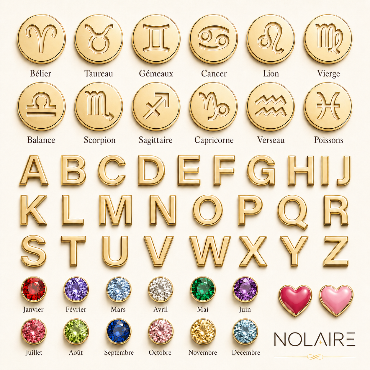 Collier avec initiale, pierre de naissance et signe du zodiaque