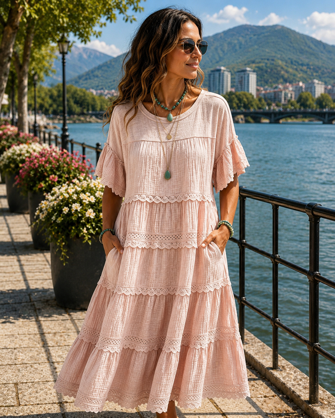 Rosalynne - Robe midi femme en coton et lin à volants