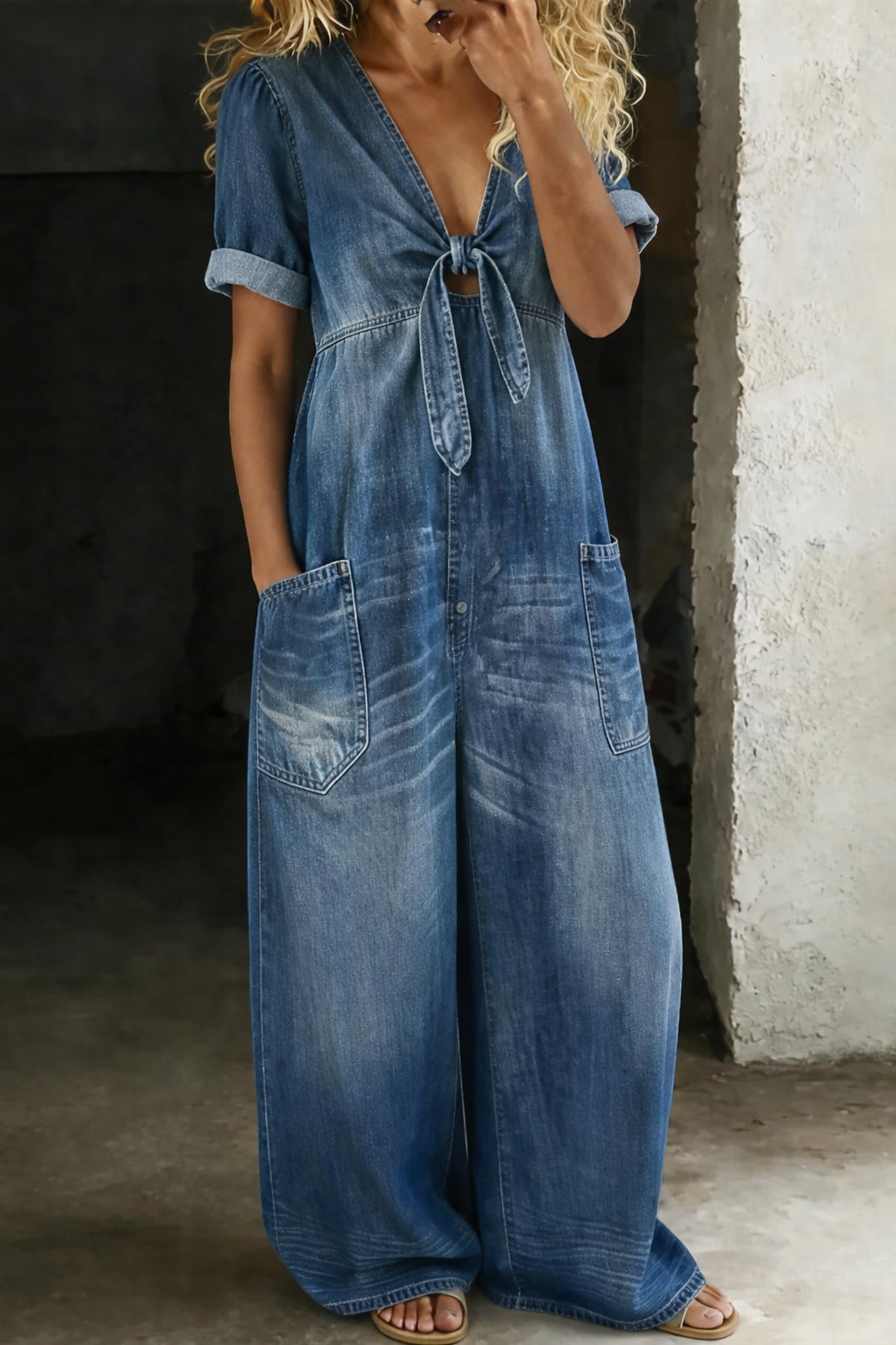 Combinaison Femme en Denim Souple à Décolleté en V et Jambes Larges