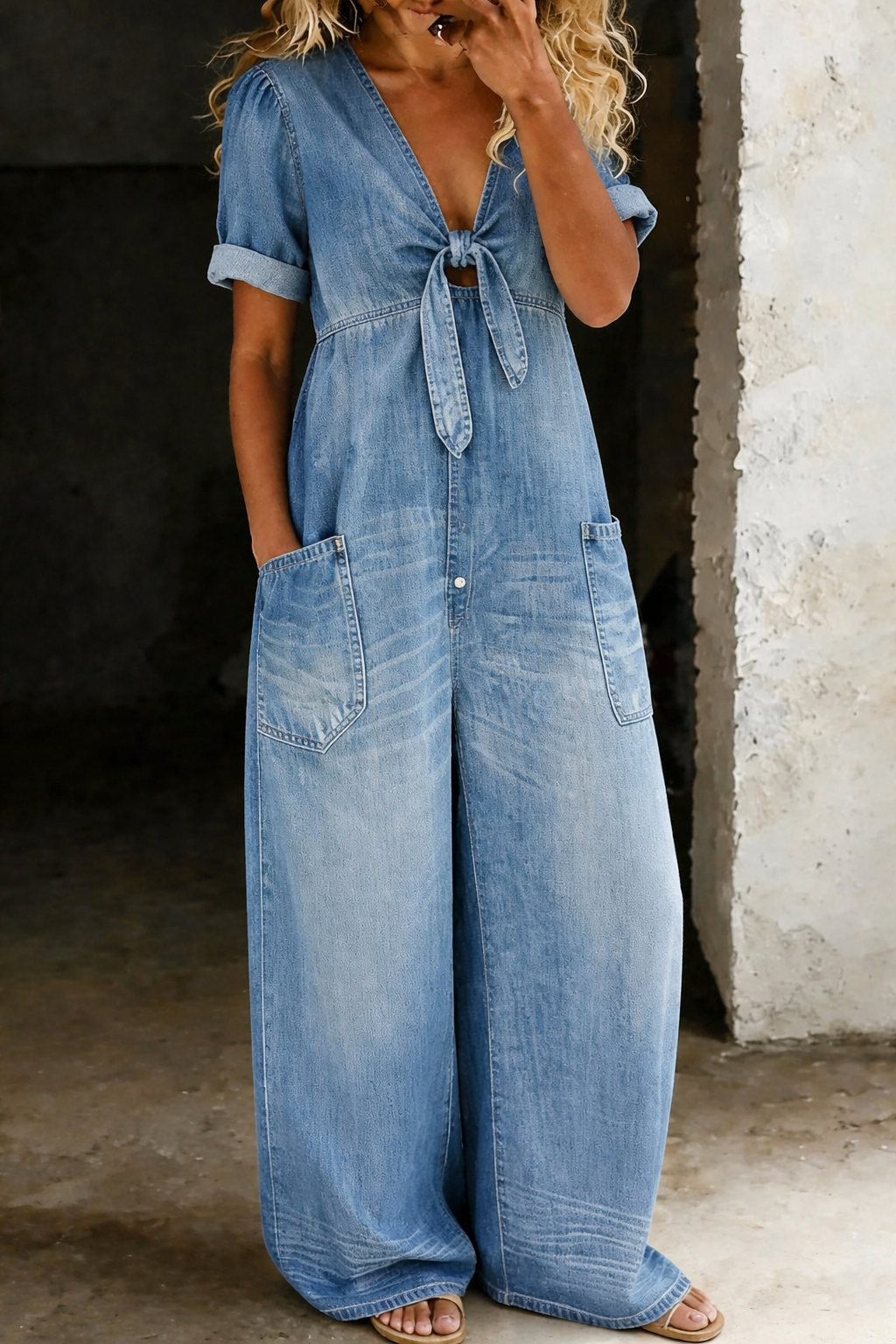 Combinaison Femme en Denim Souple à Décolleté en V et Jambes Larges
