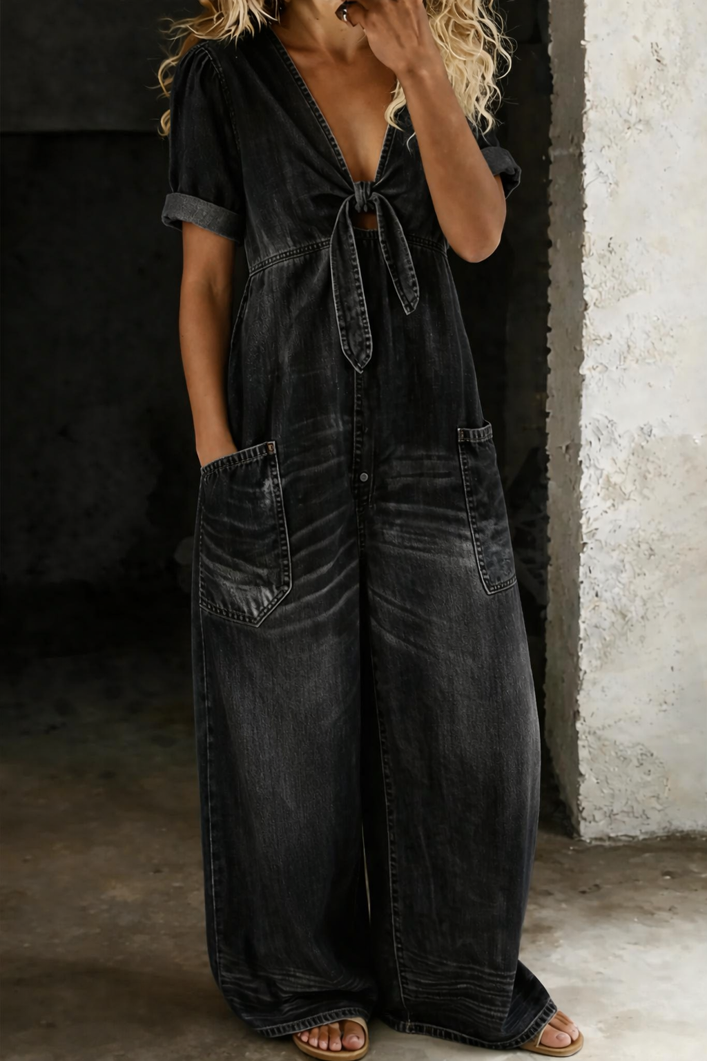 Combinaison Femme en Denim Souple à Décolleté en V et Jambes Larges