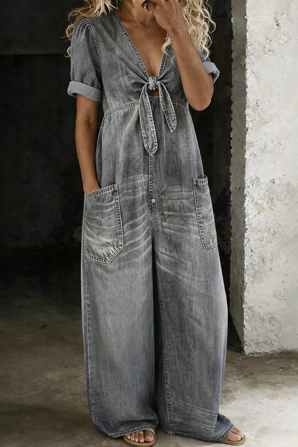 Combinaison Femme en Denim Souple à Décolleté en V et Jambes Larges