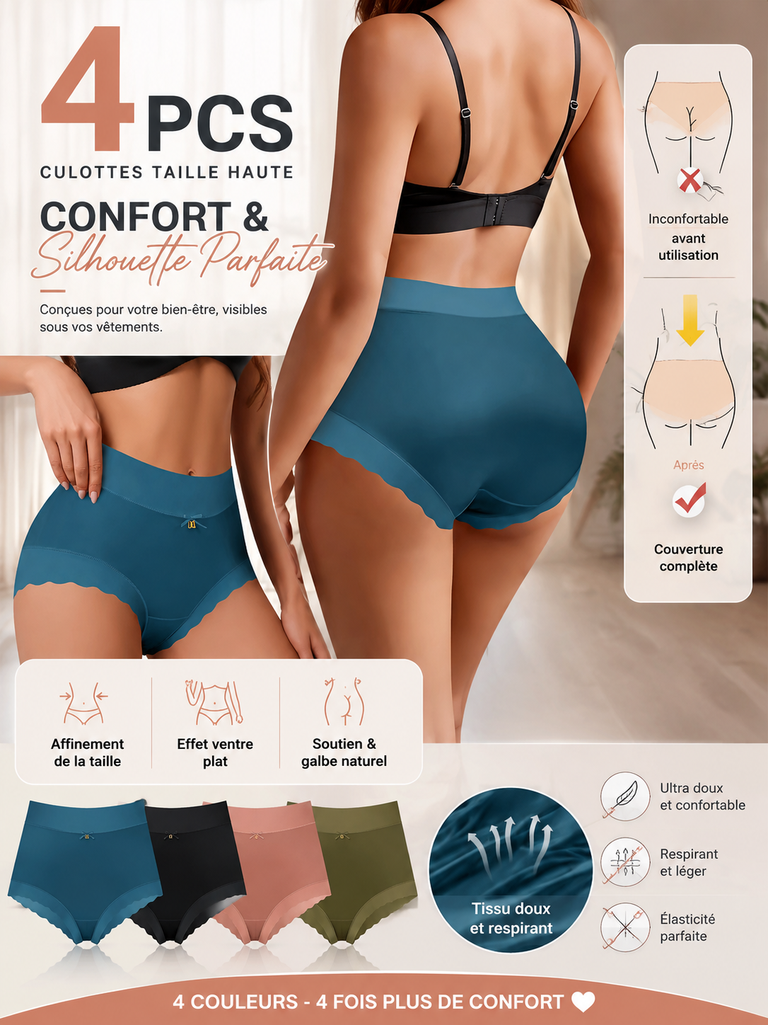 SOFIA™ | Pack de 4 Culottes Satinées Taille Haute