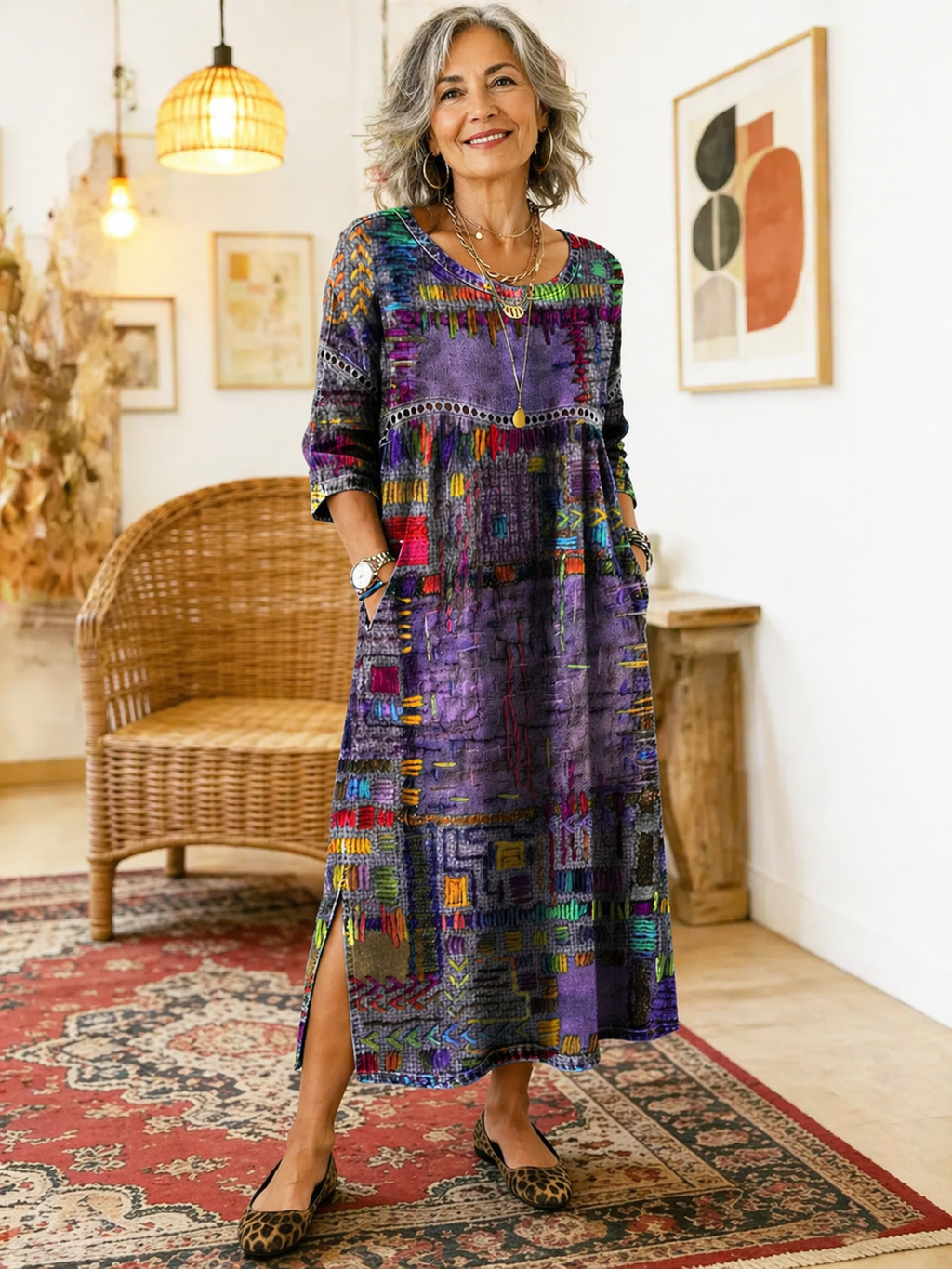 Manuela - Robe en Denim avec Patchwork Ethnique