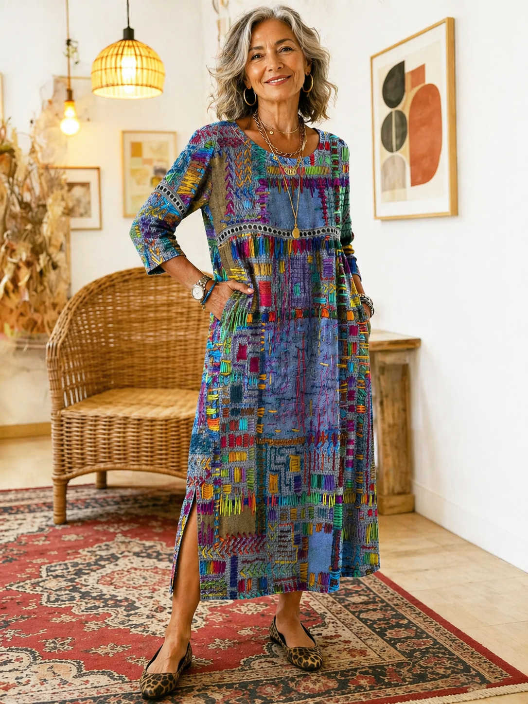 Manuela - Robe en Denim avec Patchwork Ethnique
