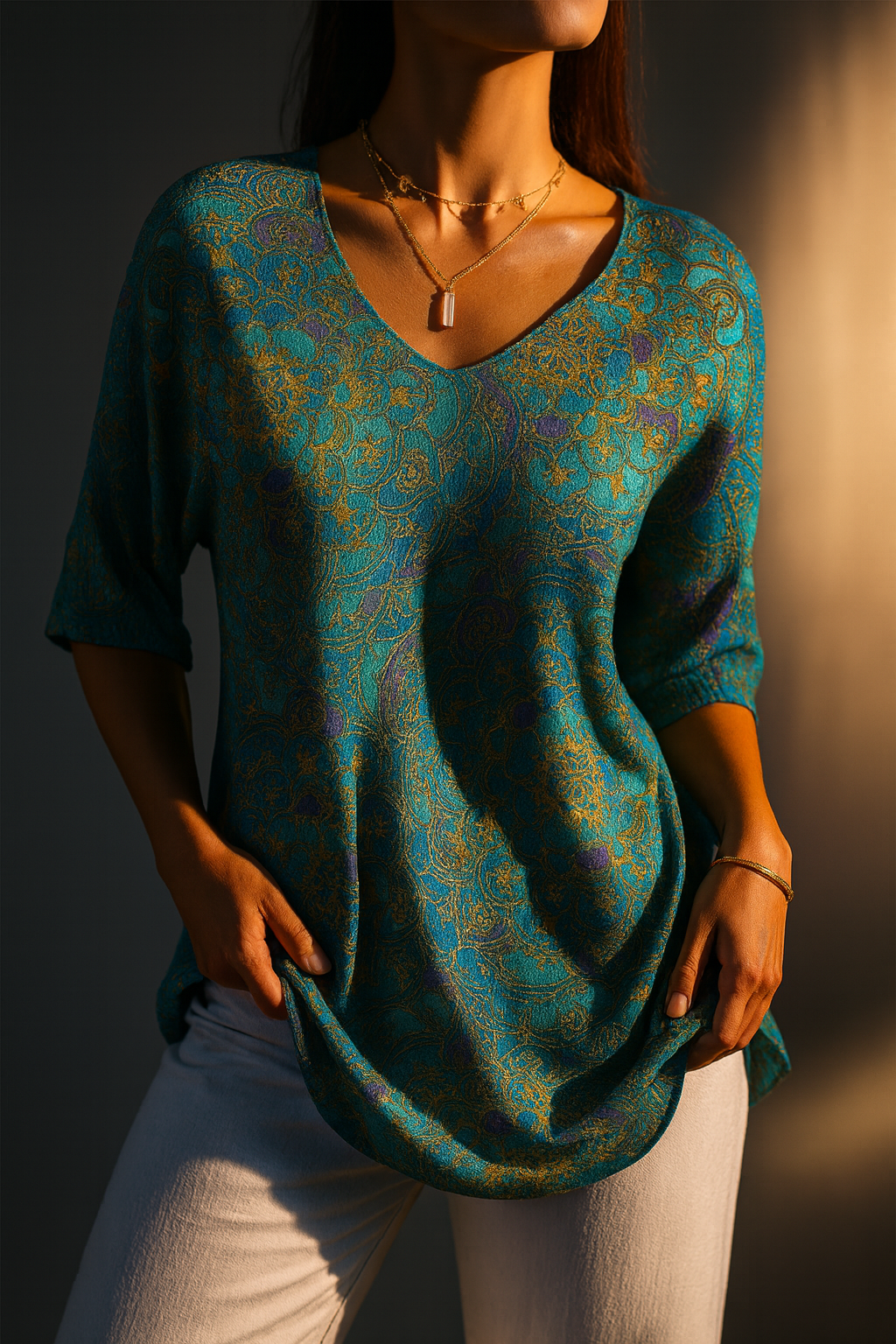 Kynelle - Blouse femme fluide imprimée col V manches évasées style bohème élégant