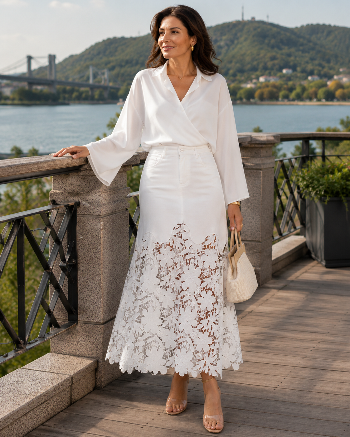 Helynora - Jupe longue denim femme avec bord en dentelle florale