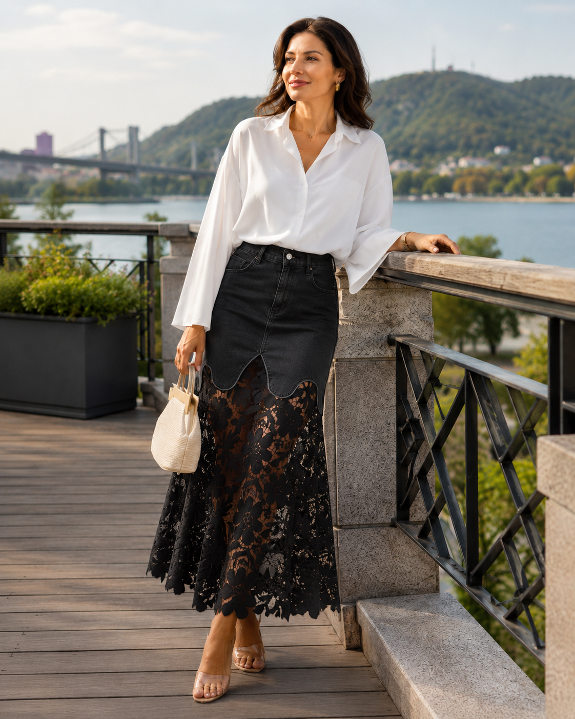 Helynora - Jupe longue denim femme avec bord en dentelle florale