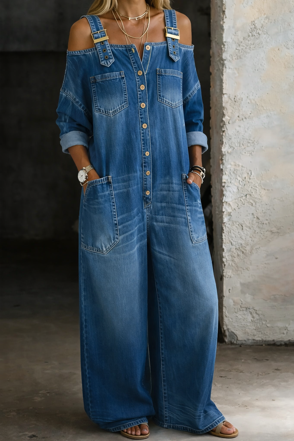 Sofía - Combinaison en denim avec épaules dénudées