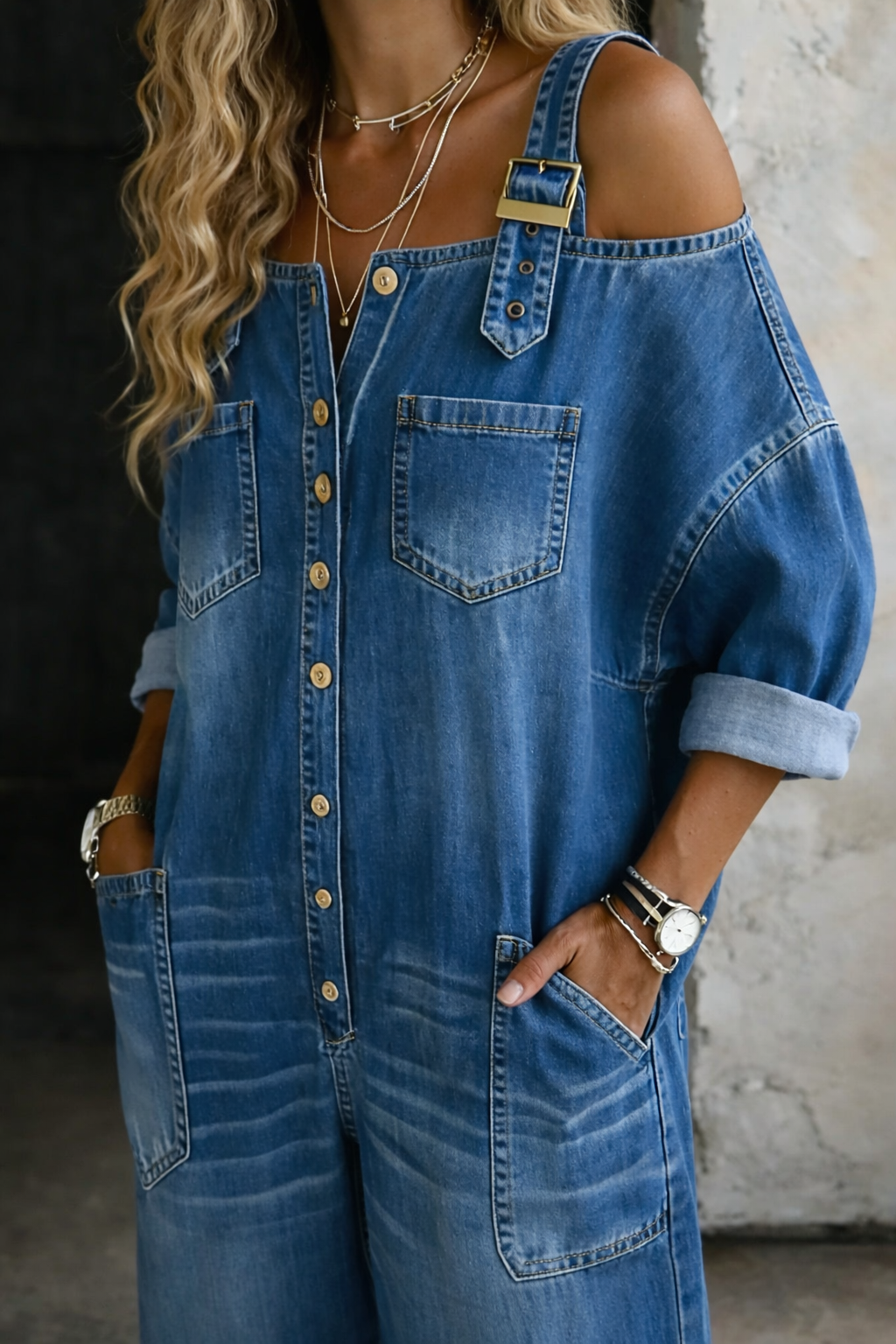 Sofía - Combinaison en denim avec épaules dénudées