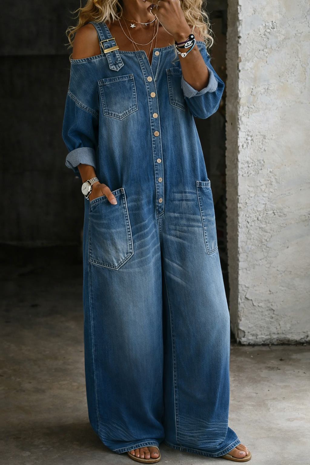 Sofía - Combinaison en denim avec épaules dénudées
