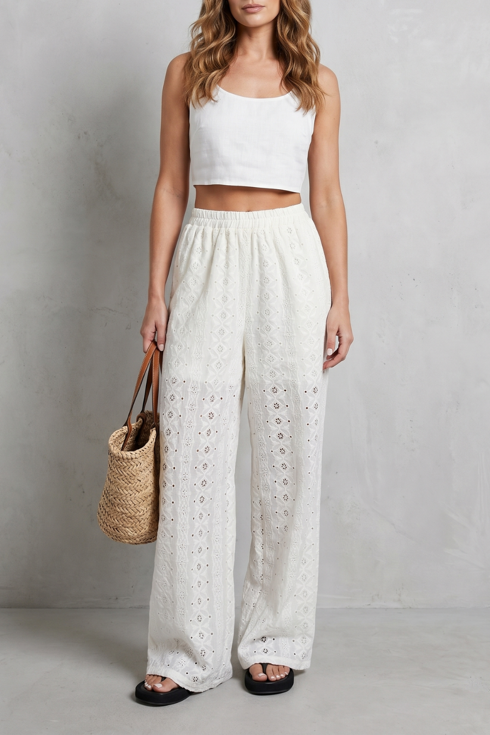 Pantalon Large Femme Élodienne – Blanc, Broderie Anglaise