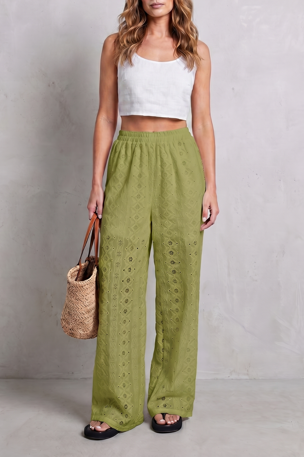 Pantalon Large Femme Élodienne – Blanc, Broderie Anglaise