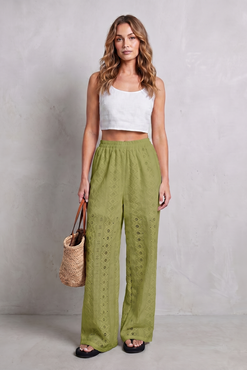 Pantalon Large Femme Élodienne – Blanc, Broderie Anglaise