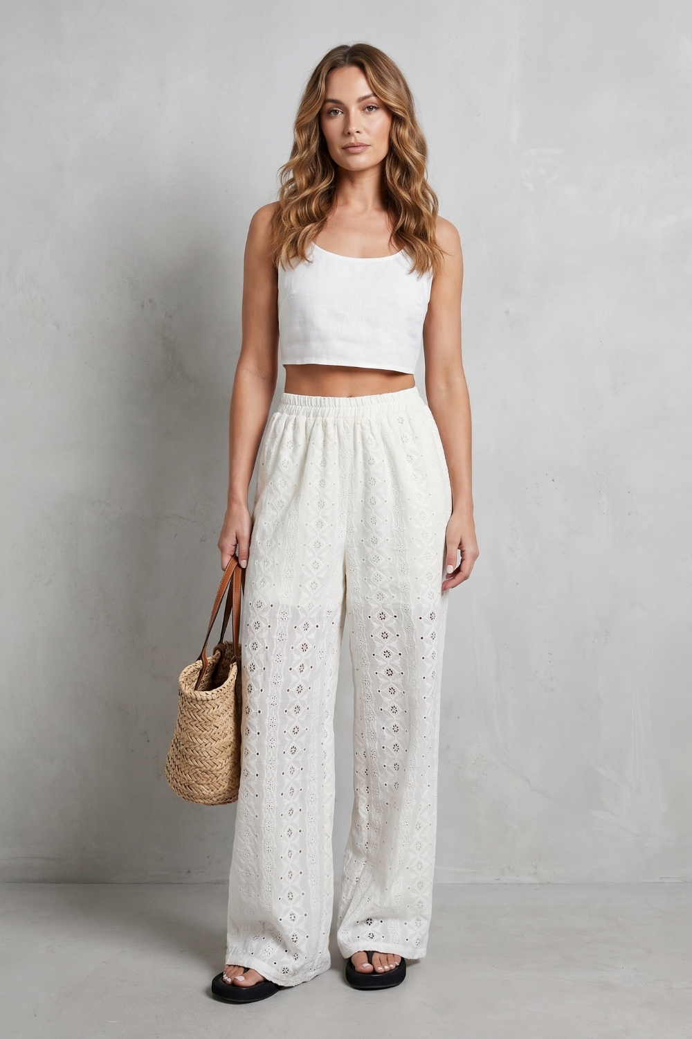 Pantalon Large Femme Élodienne – Blanc, Broderie Anglaise