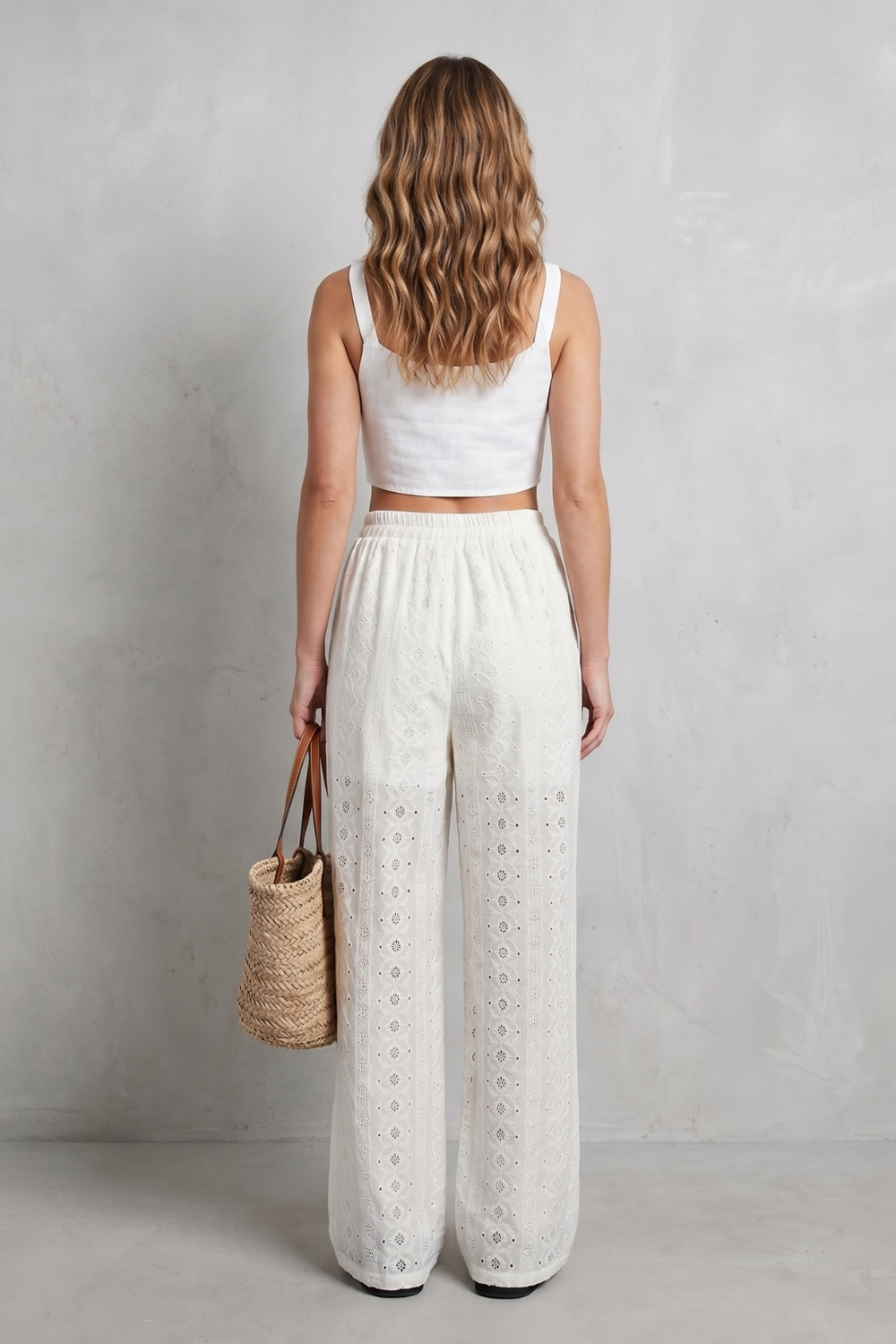 Pantalon Large Femme Élodienne – Blanc, Broderie Anglaise