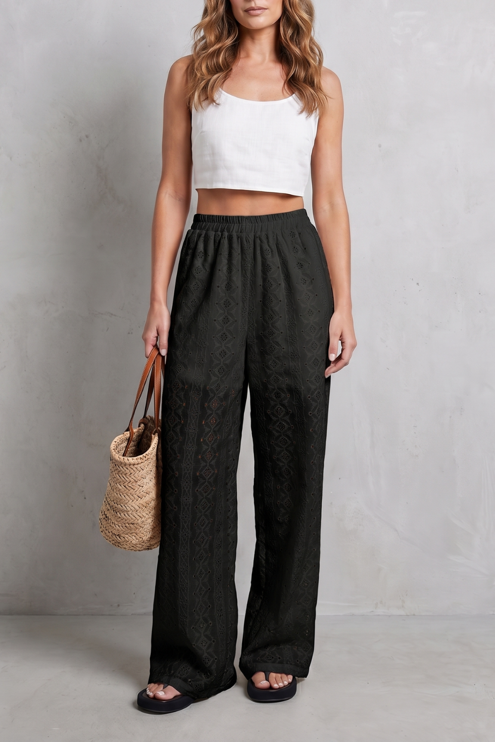Pantalon Large Femme Élodienne – Blanc, Broderie Anglaise