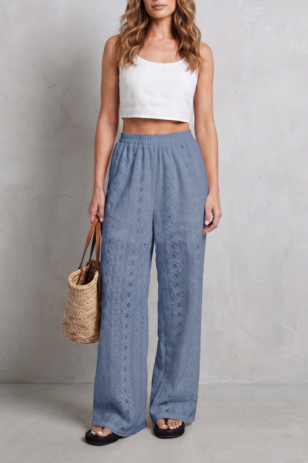 Pantalon Large Femme Élodienne – Blanc, Broderie Anglaise