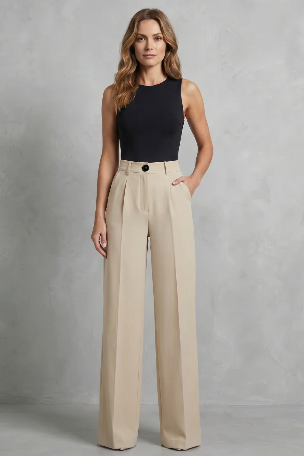 Pantalon Large Femme Elozane – Blanc, Plissé, Taille Haute